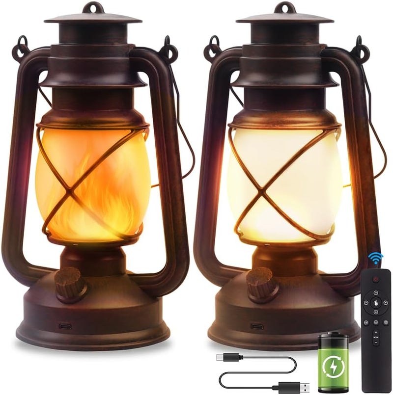 Marlrin Lantern LED Battery Powered Camping Lamp Outdoor Hanging Rechargeable Lantern Flickering Flame Retro Lanterns Remote Control 4 Modes Light Non-Solar 2 Pack - Image 1